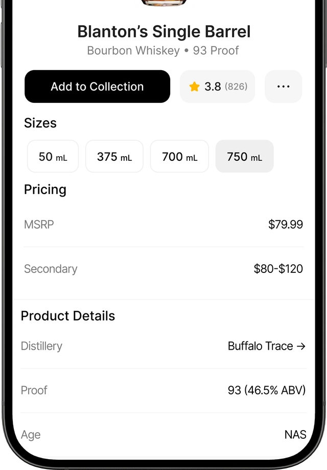 Mobile app screenshot showing bottle details and pricing history