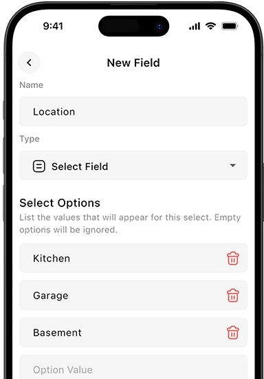 Mobile app screenshot showing custom field creation interface